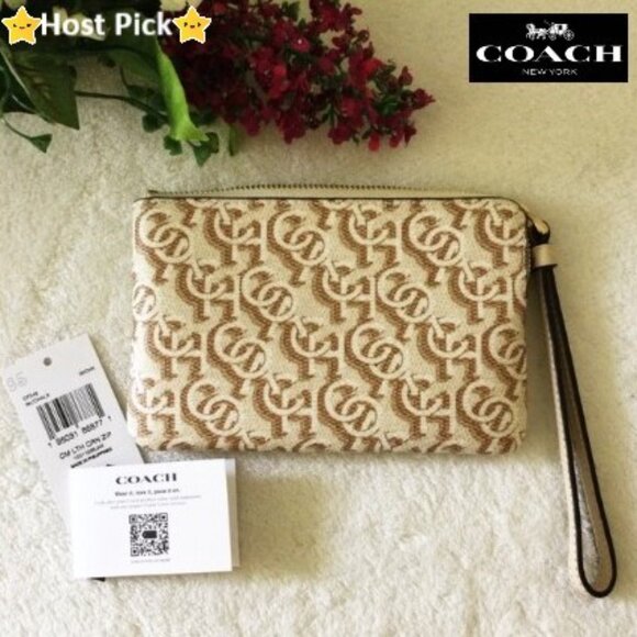 Coach Handbags - COACH Corner Zip Wristlet with Coach Signature Monogram Print Gold & Chalk - NWT
